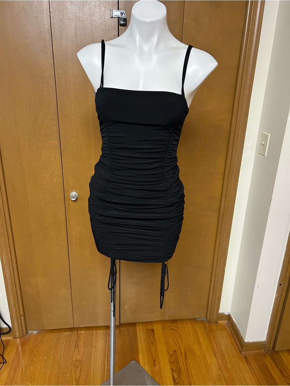 Windsor Black Ruched Mini Dress with Spaghetti Straps